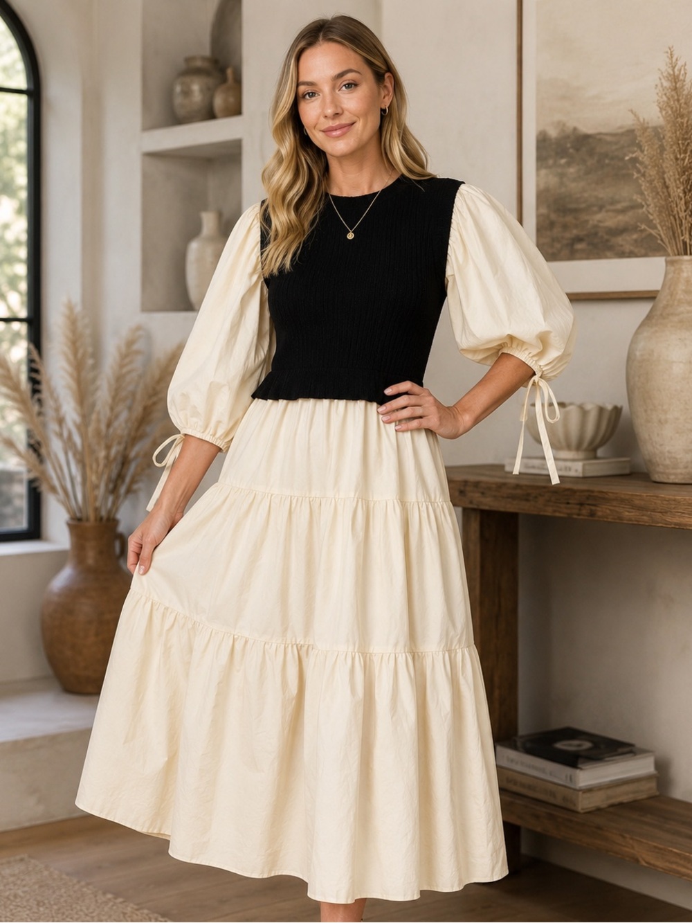 Jade by Jane Black & Cream Tiered Midi Dress Size M Cottage romantic